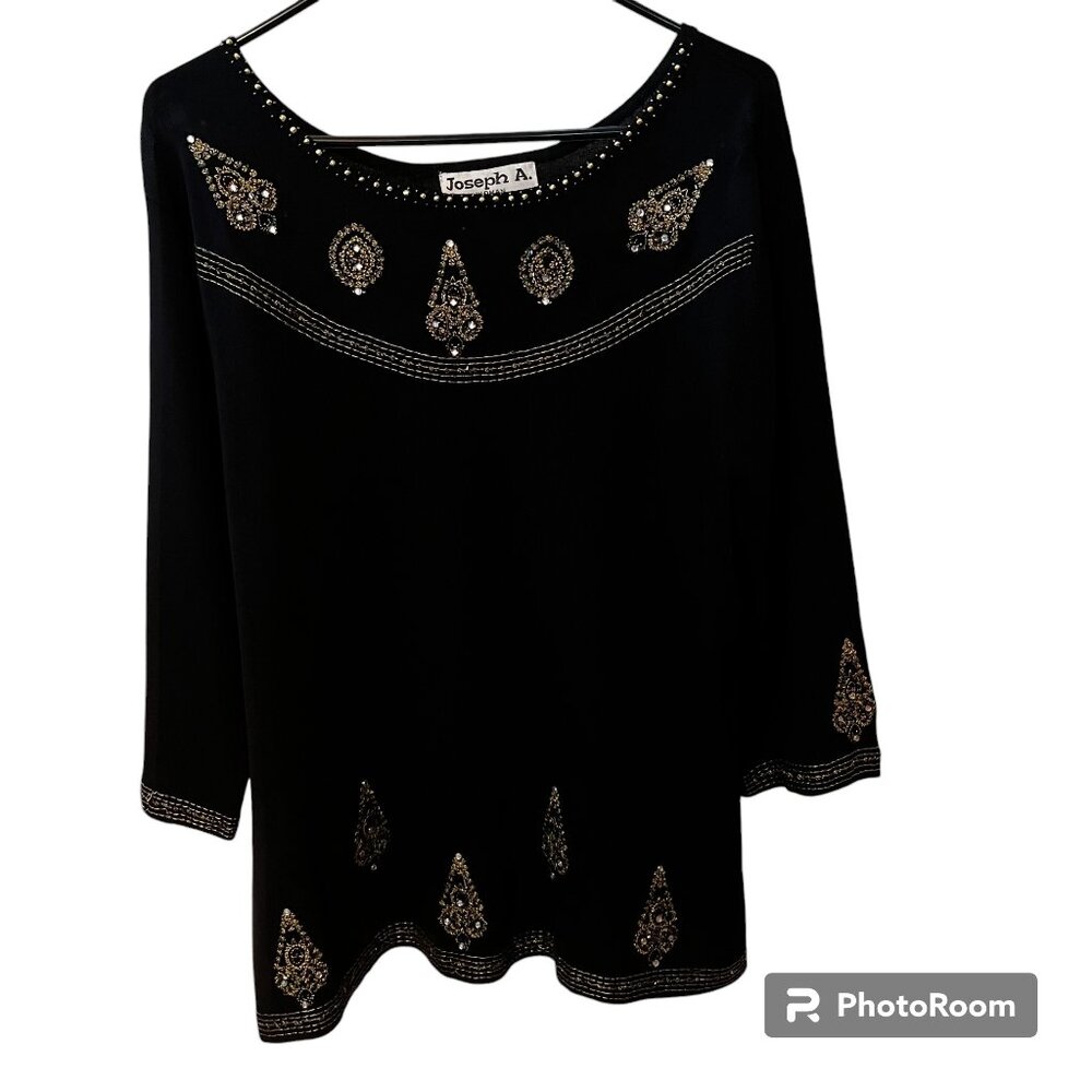 VINTAGE - Joseph A Women’s Rhinestone, Beaded Black & Gold Metallic Sweater/2X